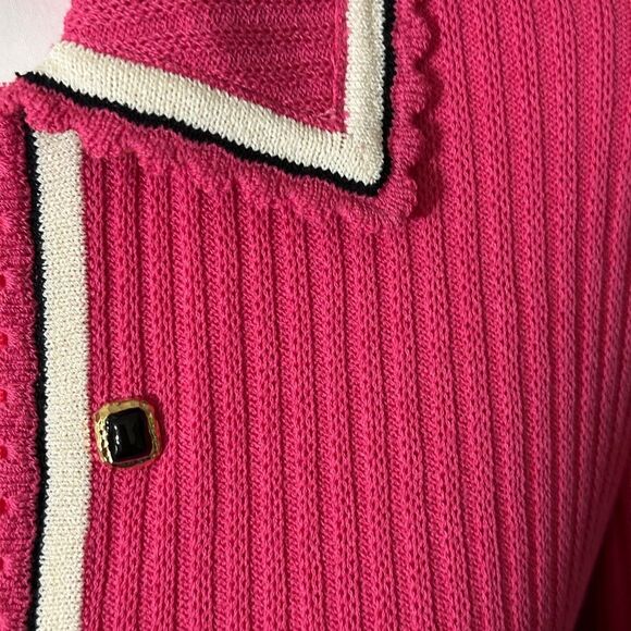 St. John Collection Pink Zip Front Sweater Knit Cardigan with Black Trim Sz 4 - Picture 10 of 16